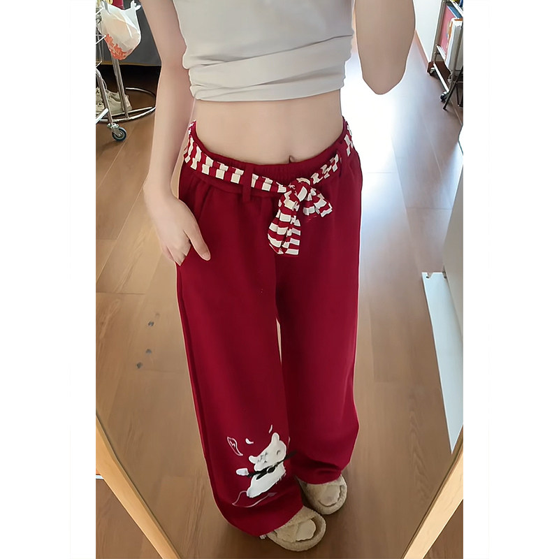 圣诞氛围感红色高腰直筒休闲裤女秋冬新款宽松百搭显瘦阔腿长裤子