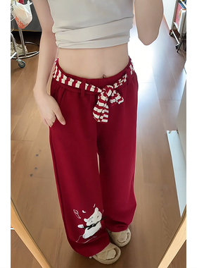 圣诞氛围感红色高腰直筒休闲裤女秋冬新款宽松百搭显瘦阔腿长裤子