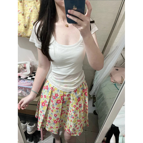 1ess la mode 小清新碎花度假风百褶裙半身裙女夏新款百搭A字中裙