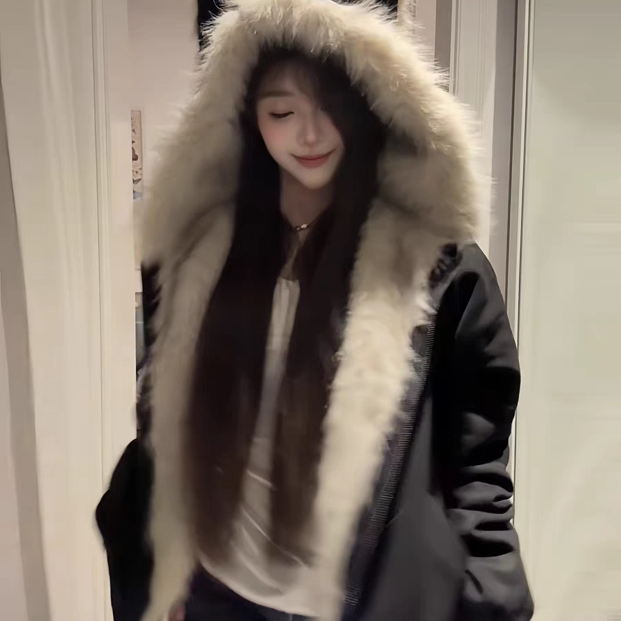 FDR 美式座山雕猫耳朵毛领连帽棉服女冬新款加绒加厚夹克棉衣外套