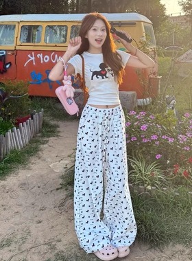 HEYABC 2025夏季复古小狗印花阔腿裤女宽松显瘦垂感百搭直筒长裤