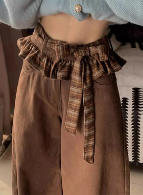 美拉德棕色双腰头蝴蝶绑带牛仔裤女春夏季设计感直筒宽松阔腿裤子