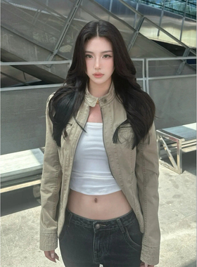 SUNONEONE 美式复古立领做旧正肩夹克女早秋新款短款上衣牛仔外套