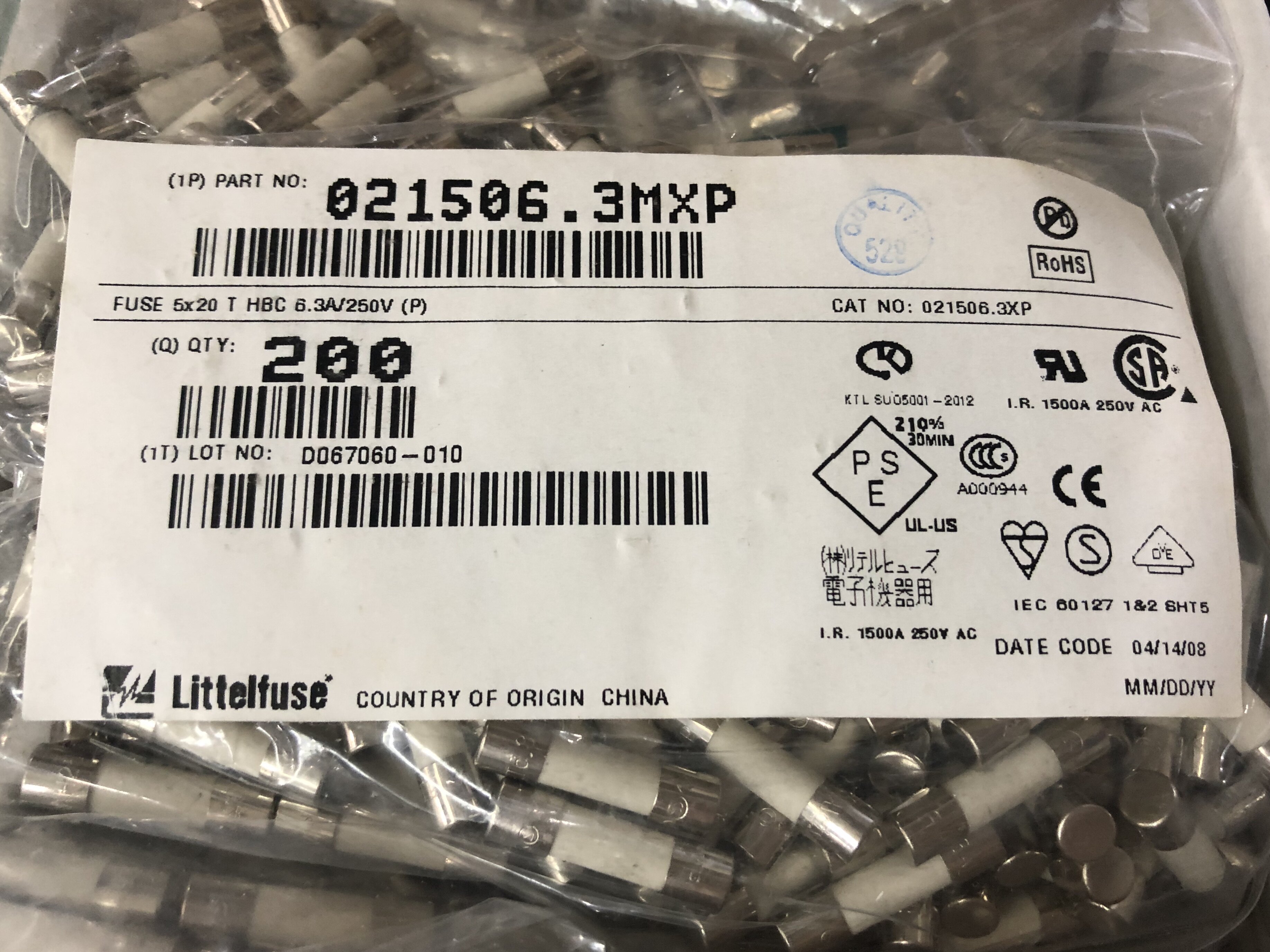 力特陶瓷保险丝管021506.3MXPT6.3AH250VP 5*20 6.3A/8A/10A 250V