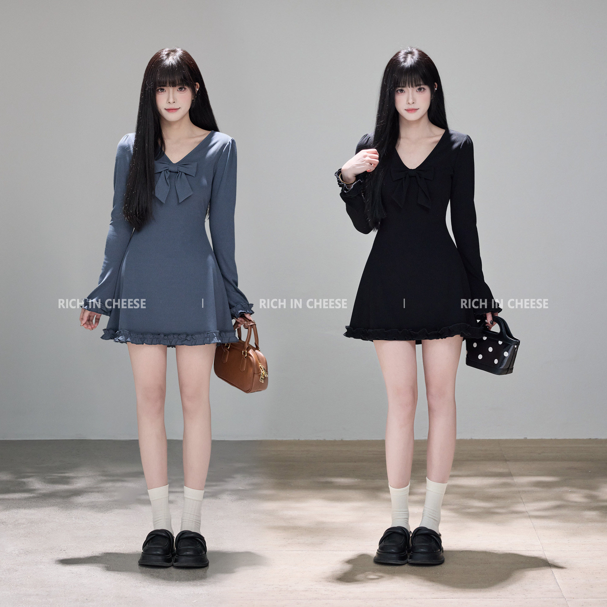 RICHINCHEESE 格调时光 miu系蝴蝶结花边设计针织弹力收腰连衣裙