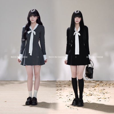 系带撞色设计针织弹力连衣裙