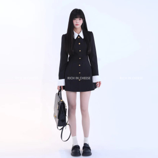 气质赫本风翻领设计撞色拼接连衣裙 法式 RICHINCHEESE 巴黎夜未晚