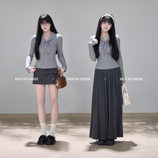 设计蝴蝶结A字短裙套装 兔耳翻领针织小衫 安妮少女 RICHINCHEESE