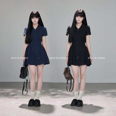 简约翻领设计纯色衬衫收腰连衣裙