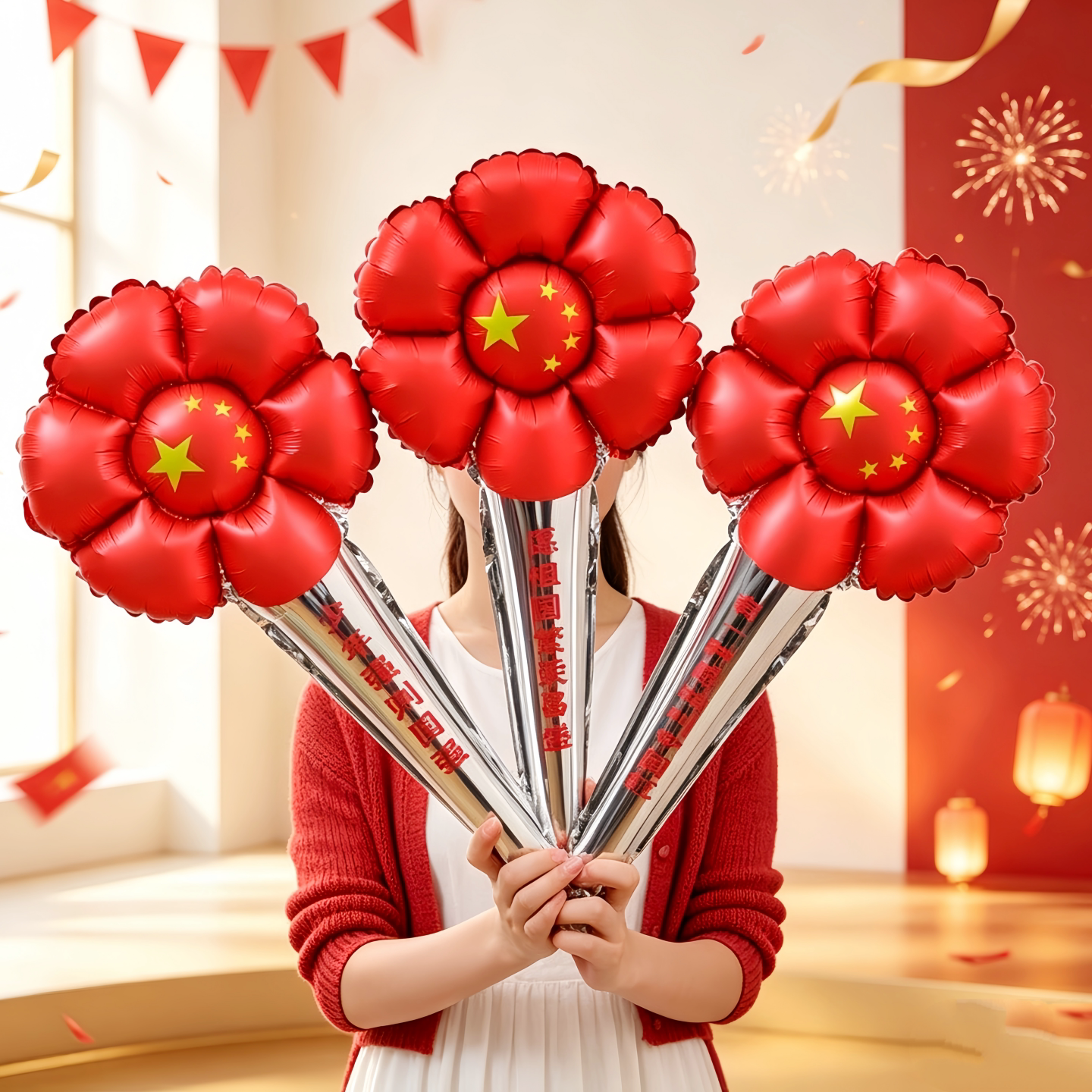 十一国庆节红色手持长棒雏菊花气球幼儿园布置装饰学校礼物礼品