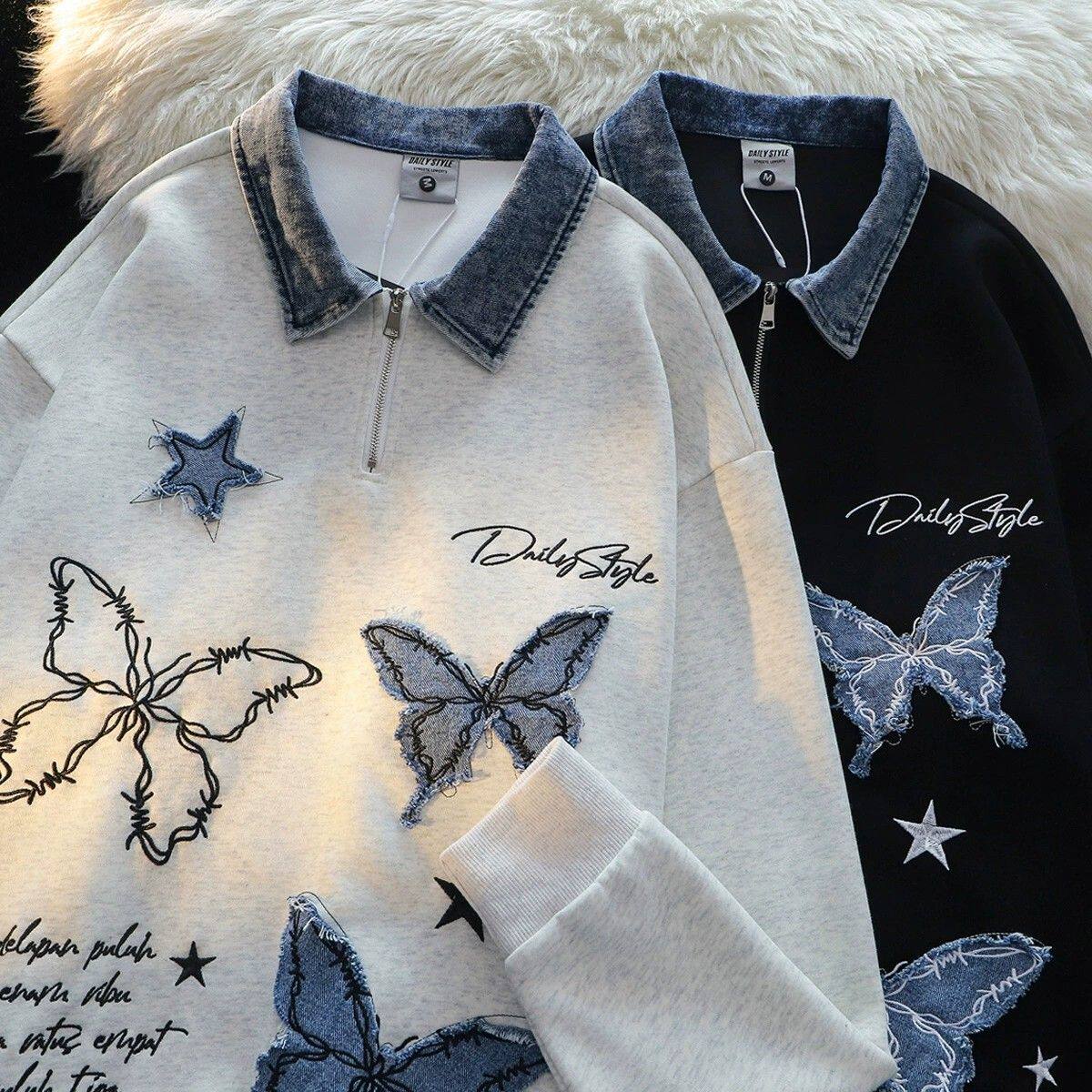 美式牛仔贴布POLO蝴蝶半拉链卫衣女秋冬新款潮牌宽松情侣外套