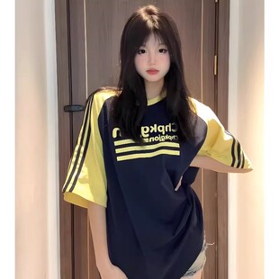 美式三条杠短袖t恤女生夏季2026新款初中高中学生宽松纯棉上衣