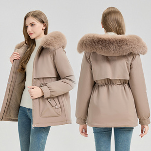 实拍跨境外贸羽绒棉服女冬新款派克服羊羔毛加绒内里棉衣毛领外套