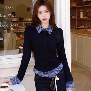 miu系学院风假两件格纹拼接polo领长袖 收腰显瘦上衣春秋 T恤女修身