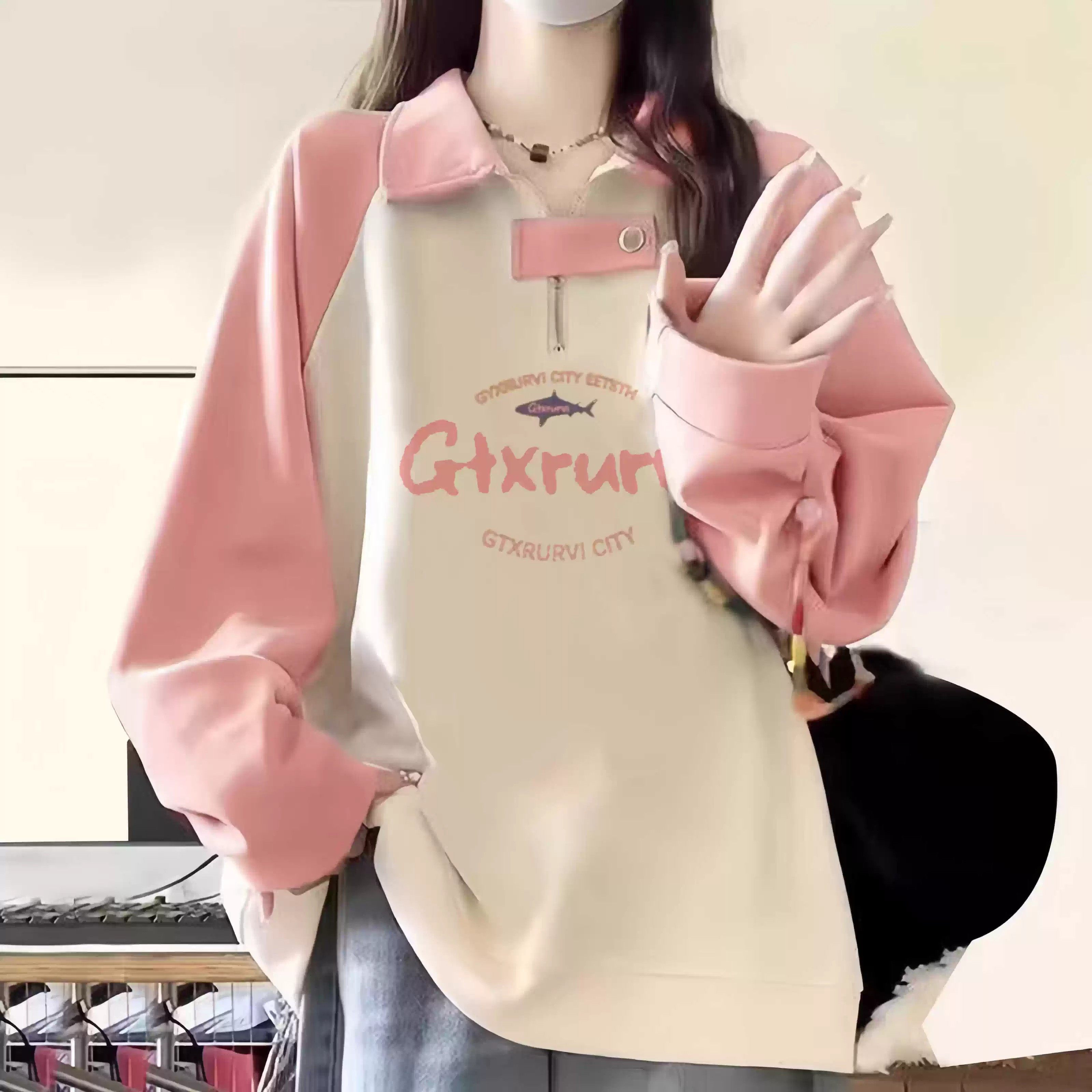 粉色插肩polo领卫衣女大童春秋2025新款初中高中学生宽松上衣外套