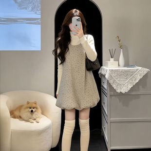 针织衫 长袖 碎花花苞背心连衣裙 韩系清纯淑女风穿搭一整套U领无袖