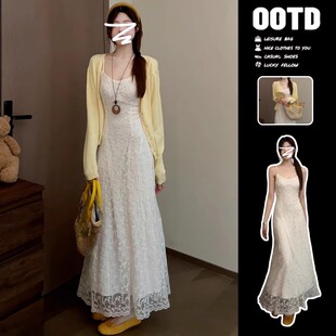 白色蕾丝吊带连衣裙子女夏季2025新爆款小个子巨好看穿搭长裙套装