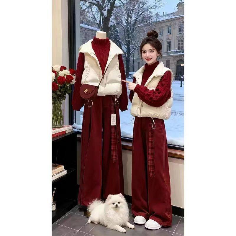 冬季套装女2025新款女学院棉服马甲红色高领毛衣加绒阔腿裤三件套,女装/女士精品,时尚套装,淘宝优惠券,粉丝福利购,淘宝优惠卷