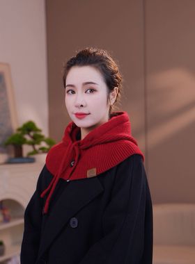 红色针织克拉克拉法帽带帽子秋冬季围脖韩版一体保暖围巾护耳毛线
