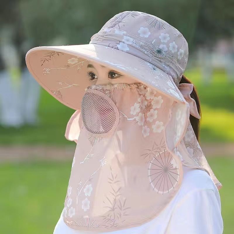 买一送一太阳帽女夏季薄款透气防晒遮阳帽防晒面罩护颈一体采茶帽