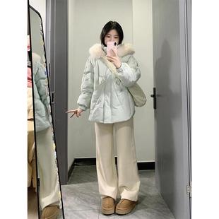 大尺码 胖mm奶呼呼蓝绿色羽绒棉服女大毛领学院风加厚学生外套 女装