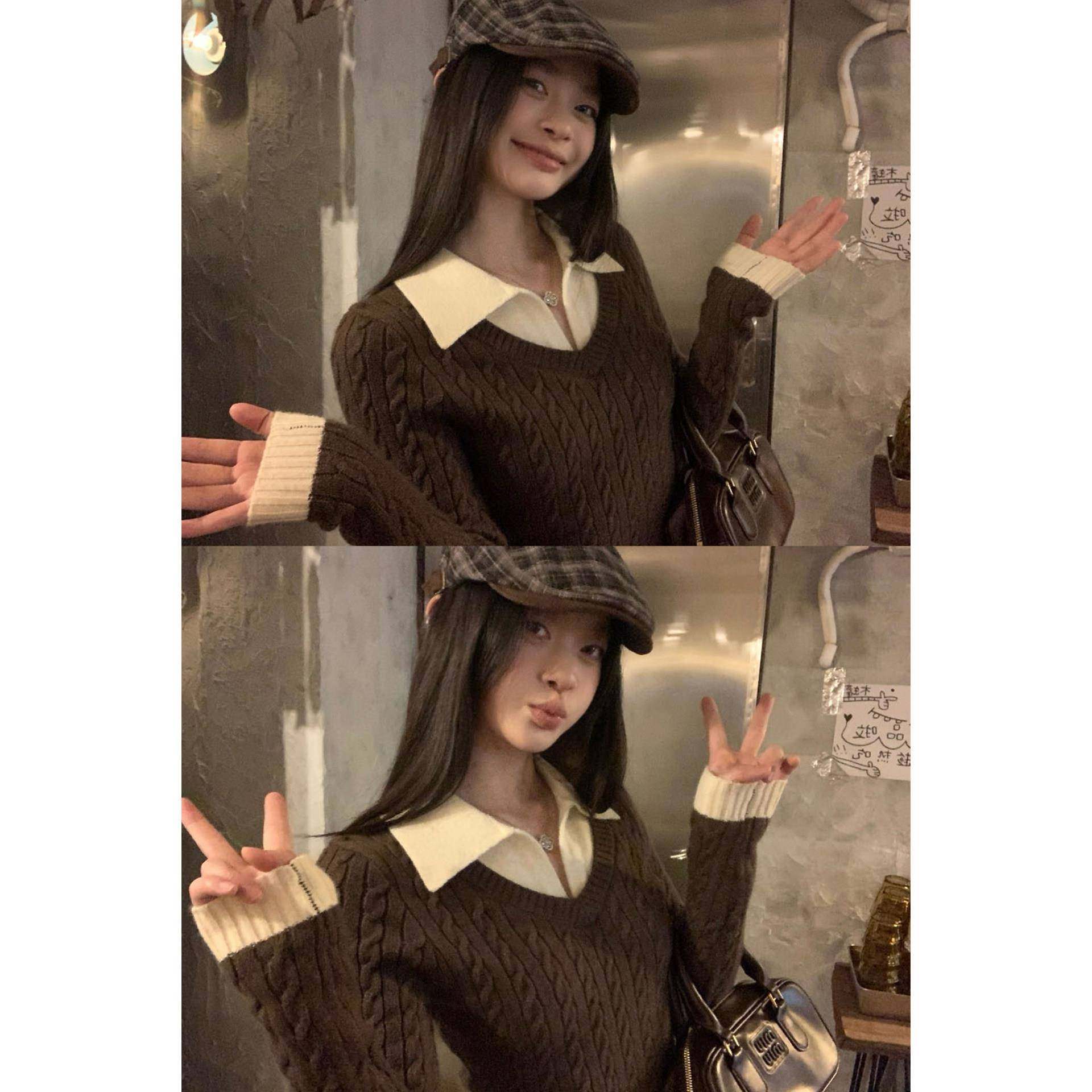 宋正恩咖色Polo领假两件针织衫女秋冬新款毛衣修身短款长袖小上衣