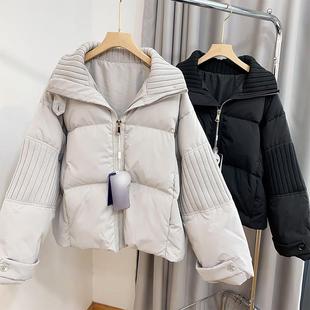 棉服女胖mm韩系简约立领加厚保暖外 设计感针织拼接短款 大尺码 女装