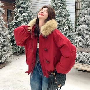 胖mm美式 高级感红色保暖厚外套女新款 小众ins牛角扣棉服 女装 大码