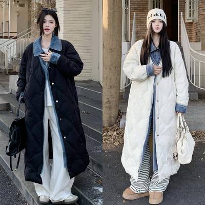 大码女装假两件牛仔拼接长款夹棉棉服女2025新款胖mm显瘦保暖外套