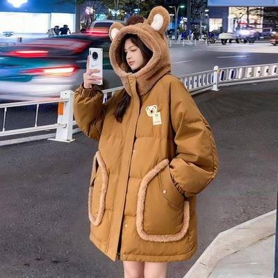 特大码女装学院风可爱小熊保暖棉服女胖mm宽松显瘦设计感加厚外套