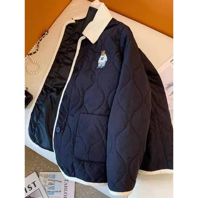 胖mm大码女装棉衣外套女春秋新款撞色拼接翻领宽松显瘦女款棉服潮