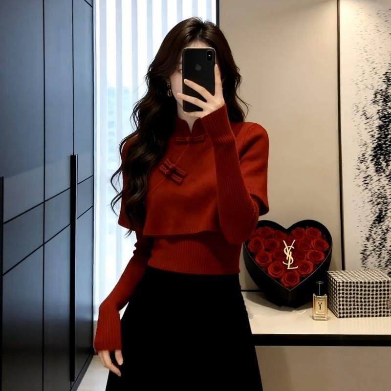 大码女装国风新中式盘扣斗篷针织衫毛衣秋冬新款圣诞红色新年上衣