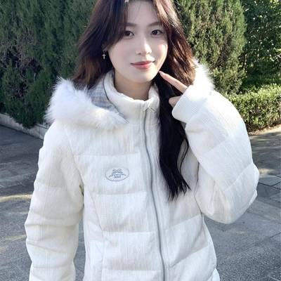 韩系甜美收腰羽绒棉服女2025新款冬季小个子毛织拼接毛领连帽外套