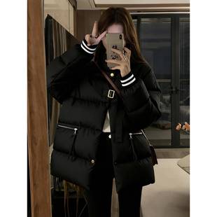条纹拼接立领棉服上衣 黑色加厚保暖面包服外套女冬季 胖mm大码 女装