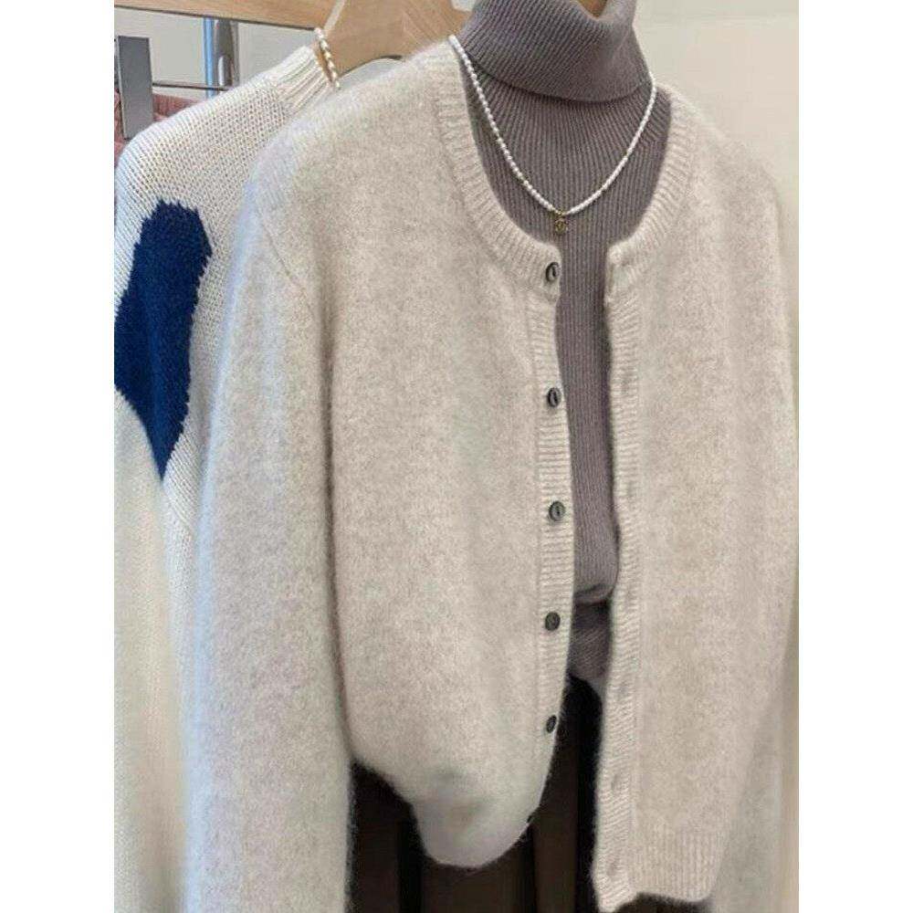 100%纯羊毛开衫女秋冬款圆领羊毛衫宽松韩版针织毛衣短款叠穿外套