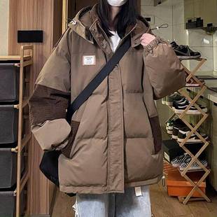 新款 300斤大码 拼接连帽羽绒棉服女冬季 工装 加厚宽松外套 胖mm美式