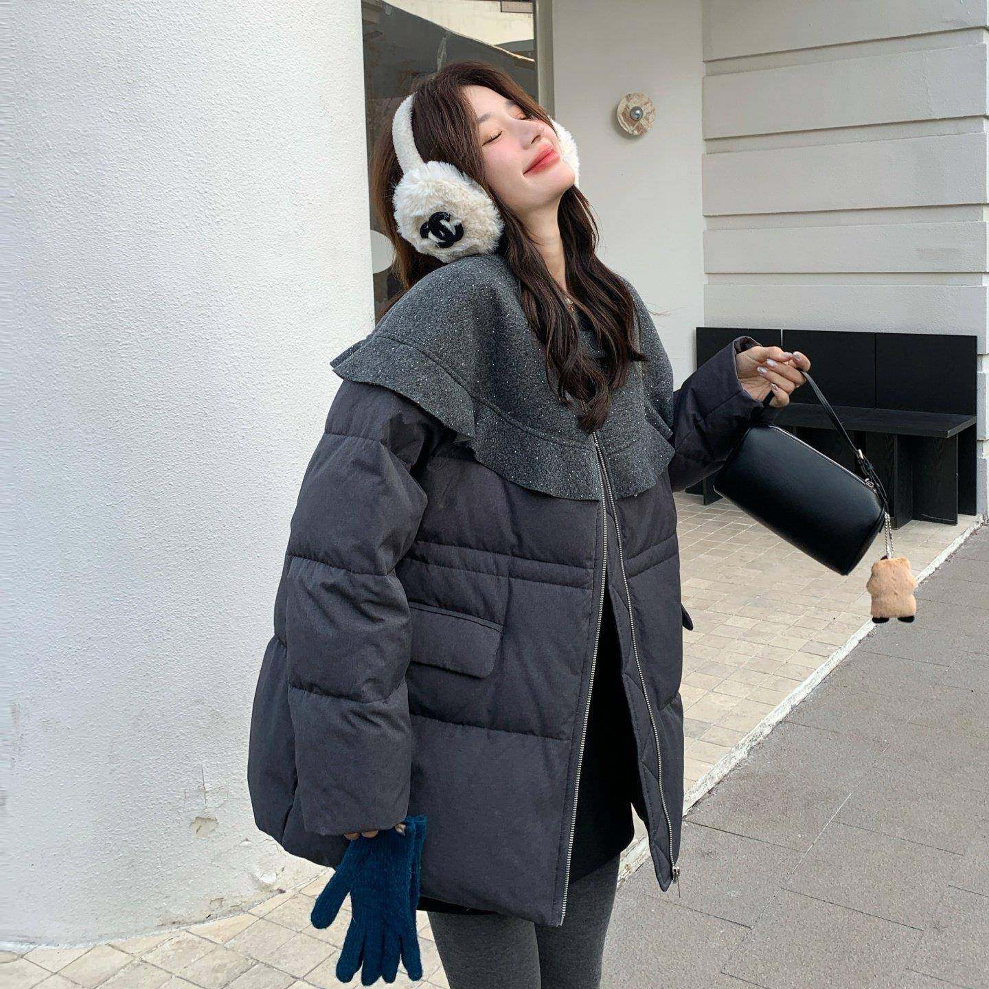 烟灰色轻奢毛呢拼接羽绒服女2025冬季新款中长款收腰显瘦保暖外套