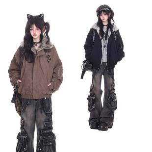 美式 新款 辣妹风座山雕棉衣 胖mm棕色加绒加厚棉服外套女冬季 特大码