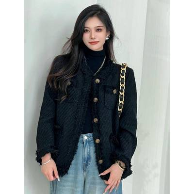 黑色小香风羊毛呢外套女秋冬新款加厚保暖粗花呢编织亮丝西装上衣