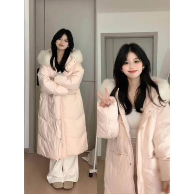 粉色小个子毛领长款羽绒棉服女冬季2025年新款设计感加厚保暖外套