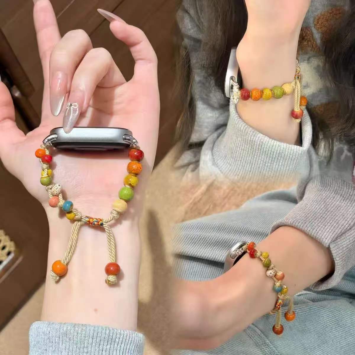 小米9/10nfc表带8pro适用苹果手环S10/11华为fit表链串珠编织腕带图片