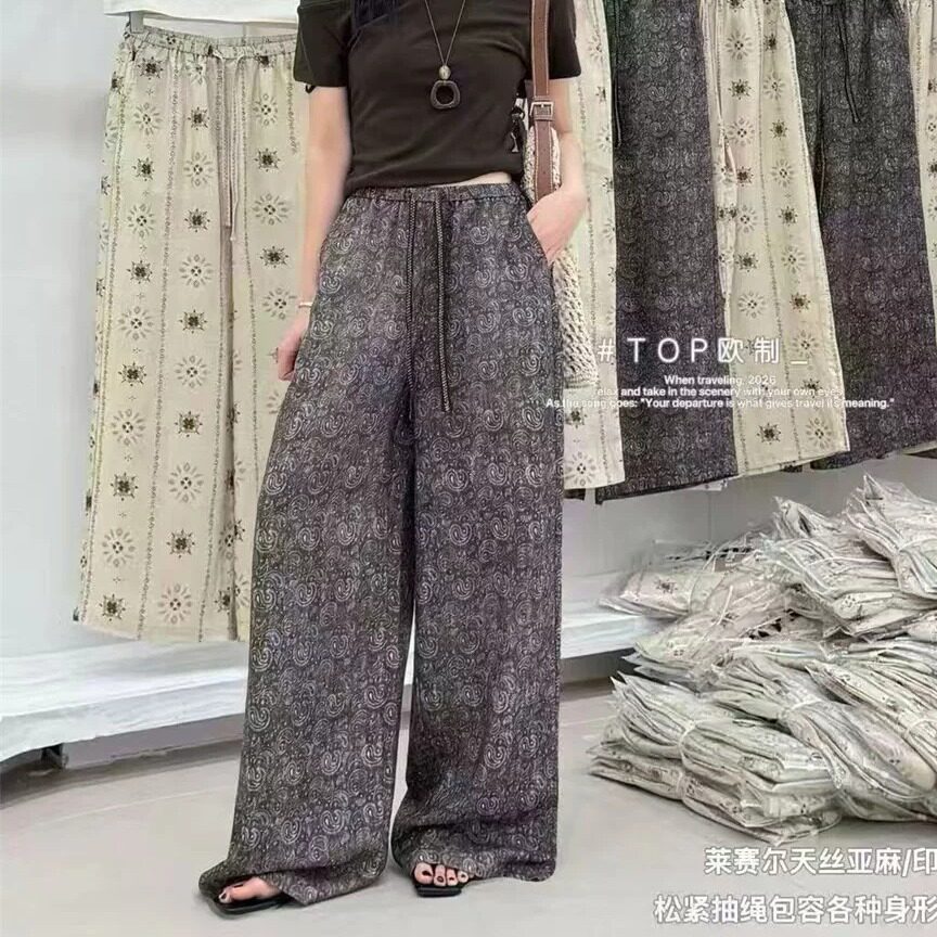 通勤风高腰印花阔腿裤女2026夏季天丝亚麻松紧腰抽绳休闲裤20226