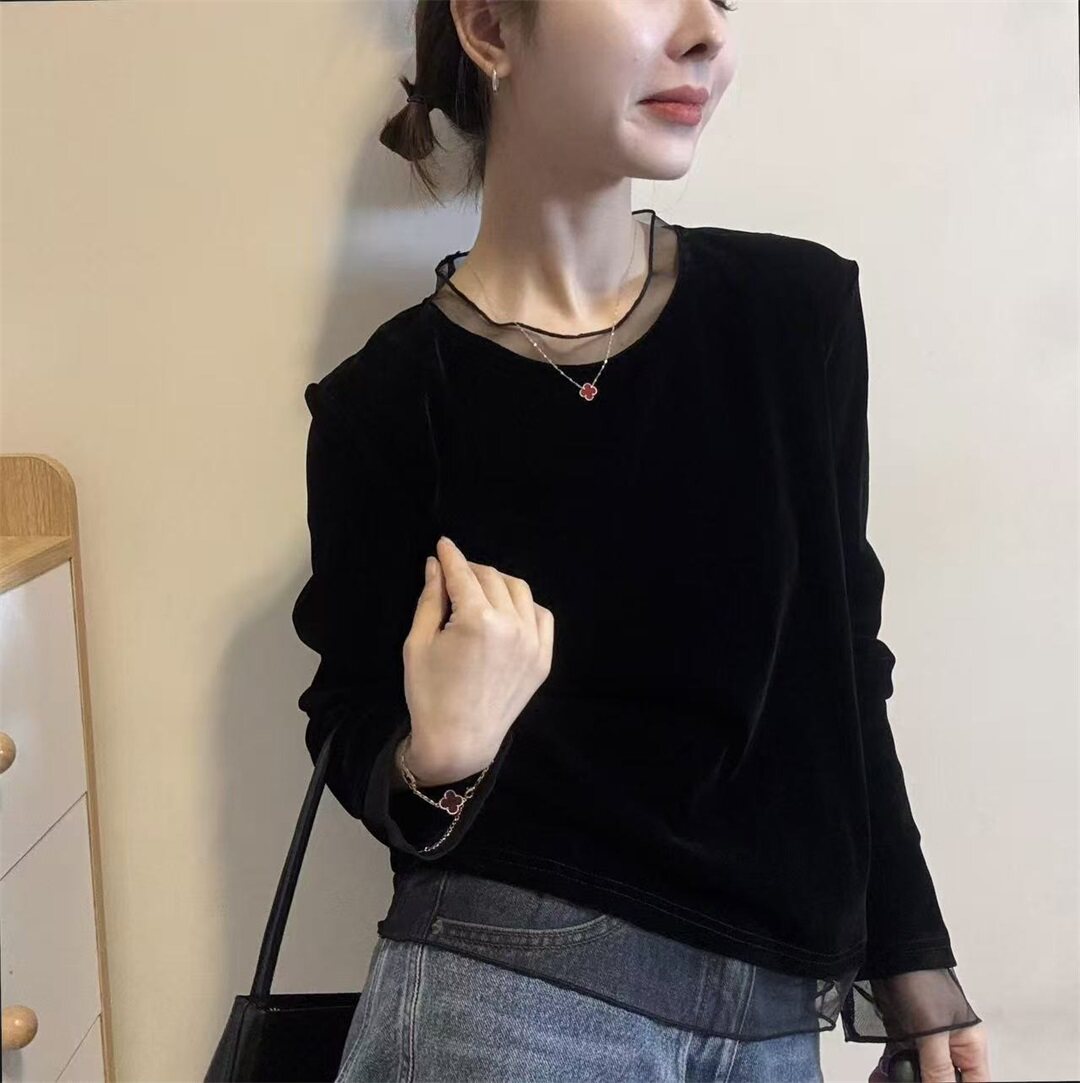 2026春季新款黑色网纱拼接长袖T恤女宽松假两件打底衫上衣31261