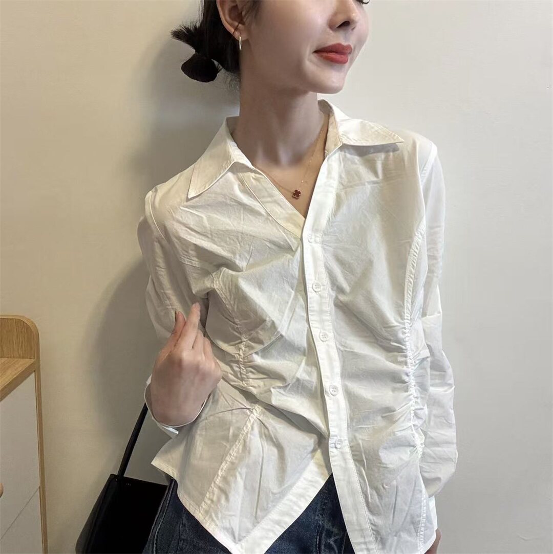 通勤风褶皱收腰白色衬衫女2026春季新款长袖翻领显瘦百搭休闲上衣
