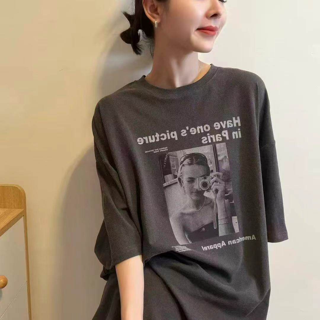 时尚印花短袖大版T恤女2026夏季新款宽松百搭中长款遮臀上衣31977