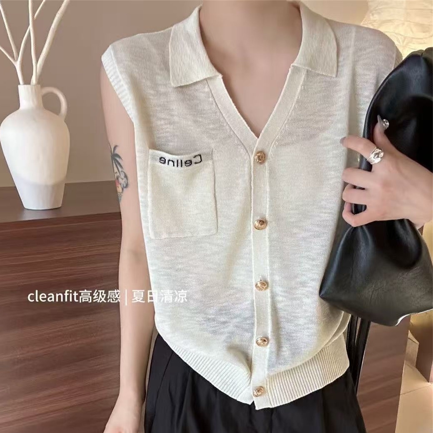欧洲站2025夏季新款百搭翻领高级感刺绣针织亚麻马甲背心女97007