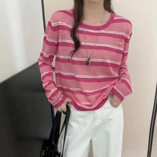 2025早秋新款 女欧洲站上衣潮38165 时尚 百搭圆领高级感条纹针织衫
