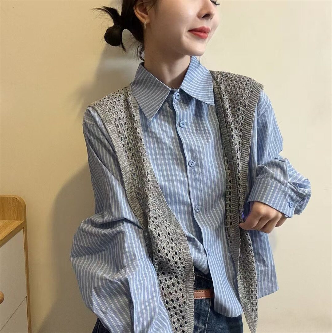 学院风条纹衬衫女2026春季新款长袖翻领针织披肩百搭显瘦通勤上衣