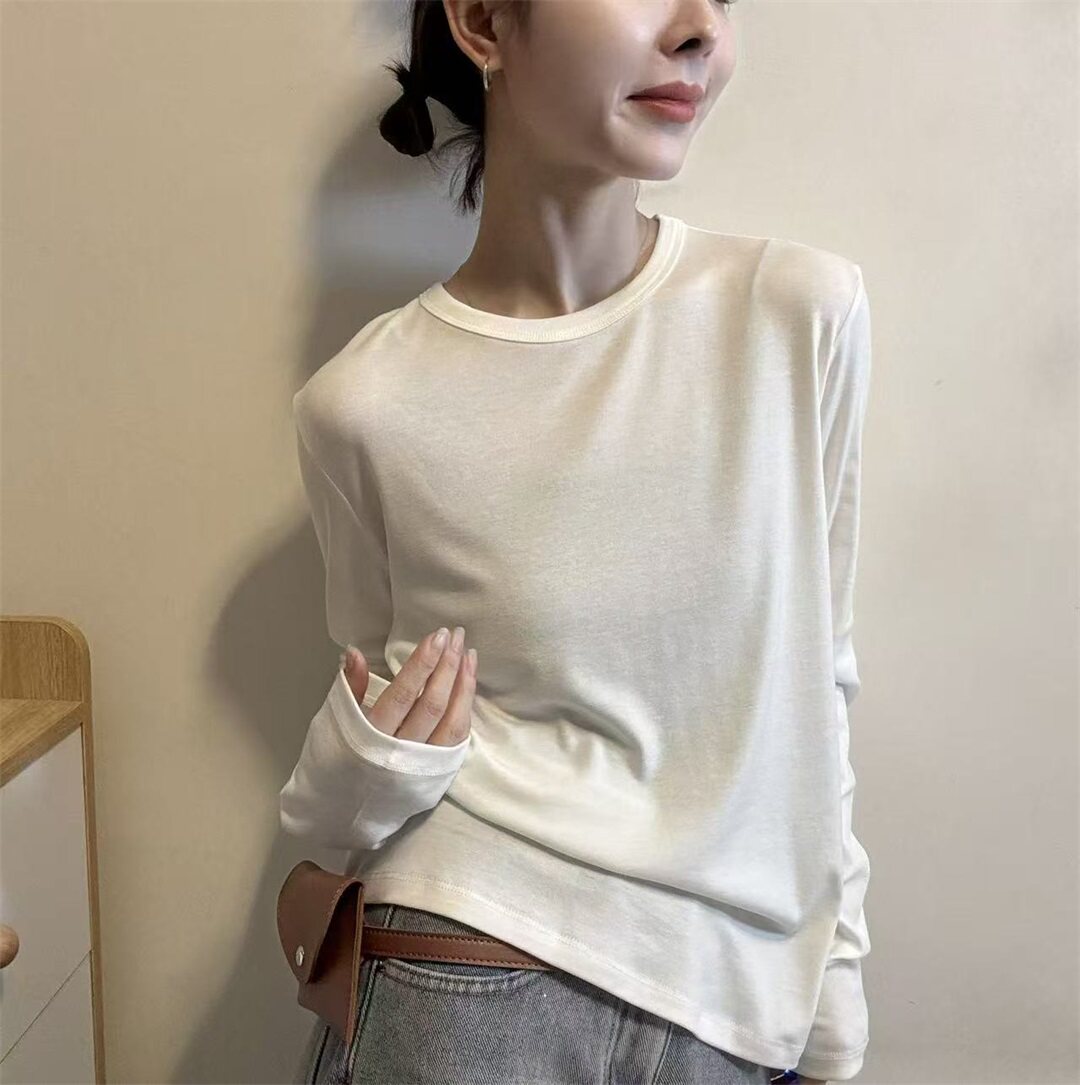 2026春季新款通勤风天丝长袖T恤女宽松圆领百搭打底衫上衣潮31322