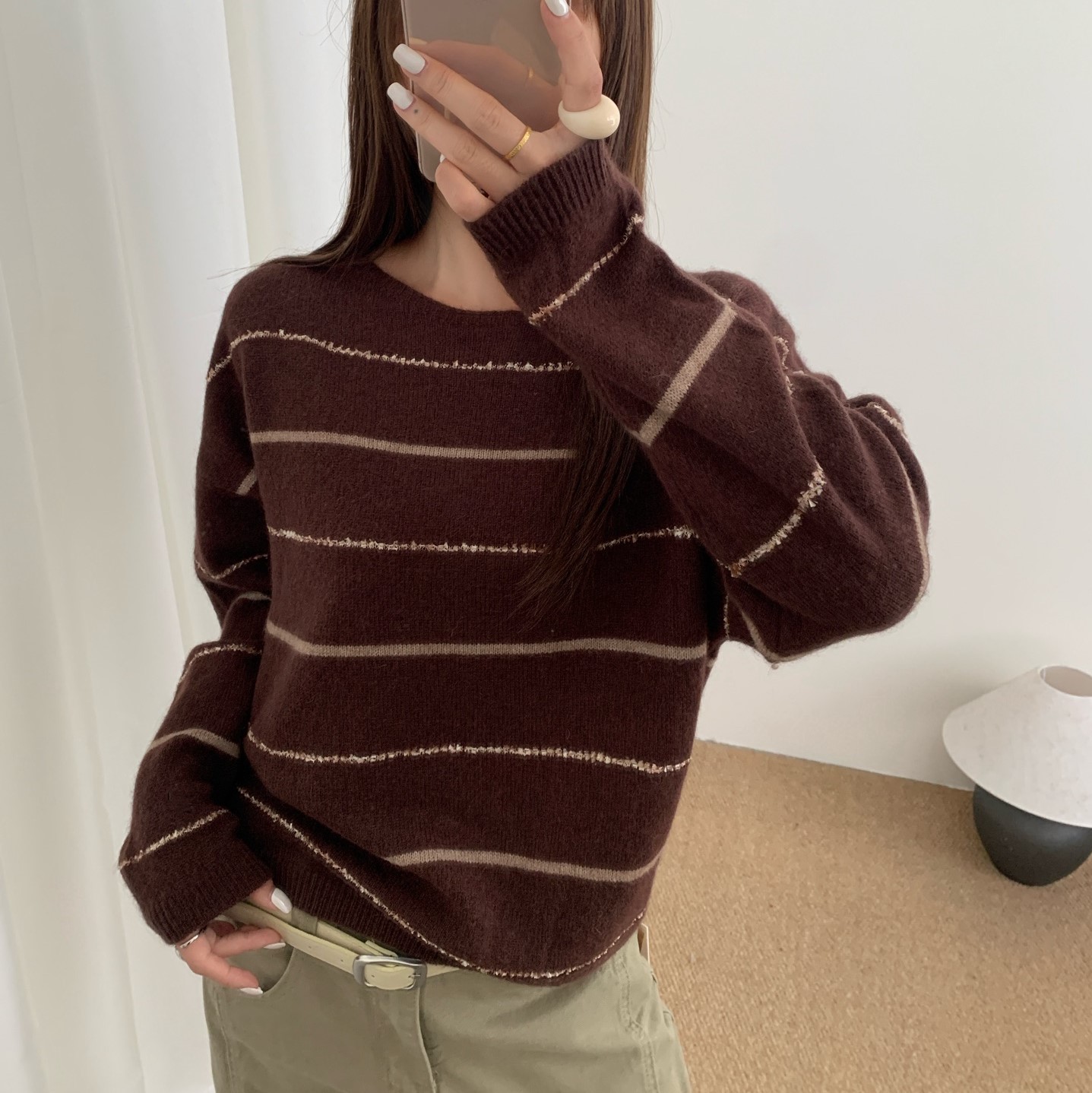慵懒风条纹撞色圆领毛衣女2026早秋款百搭显瘦针织衫上衣xl970529
